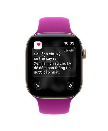 Apple Watch Series 12, vỏ nhôm, màu vàng nhạt, thông báo về khả năng sai lệch chu kỳ, Dây Đeo Thể Thao, màu đỏ tía