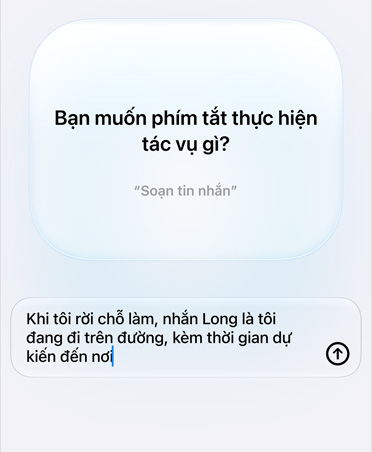 Screen displays Apple Intelligence query and response from user about Shortcut intention, text reads: What do you want your shortcut to do? Reply, When I'm leaving work message Pedro I'm on my way with my ETA