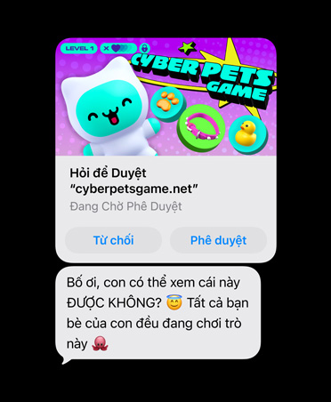 Screen showing text message with cyberpetsgame.net screengrab, Decline and Approve buttons under graphic, message text reads: Dad, can I please check this out, all my friends are on it already