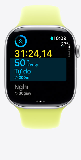 Apple Watch Series 11, aluminum case, silver color, Custom Workout screen tracks Pool Swim, metrics onscreen, Sport Band, neon yellow color